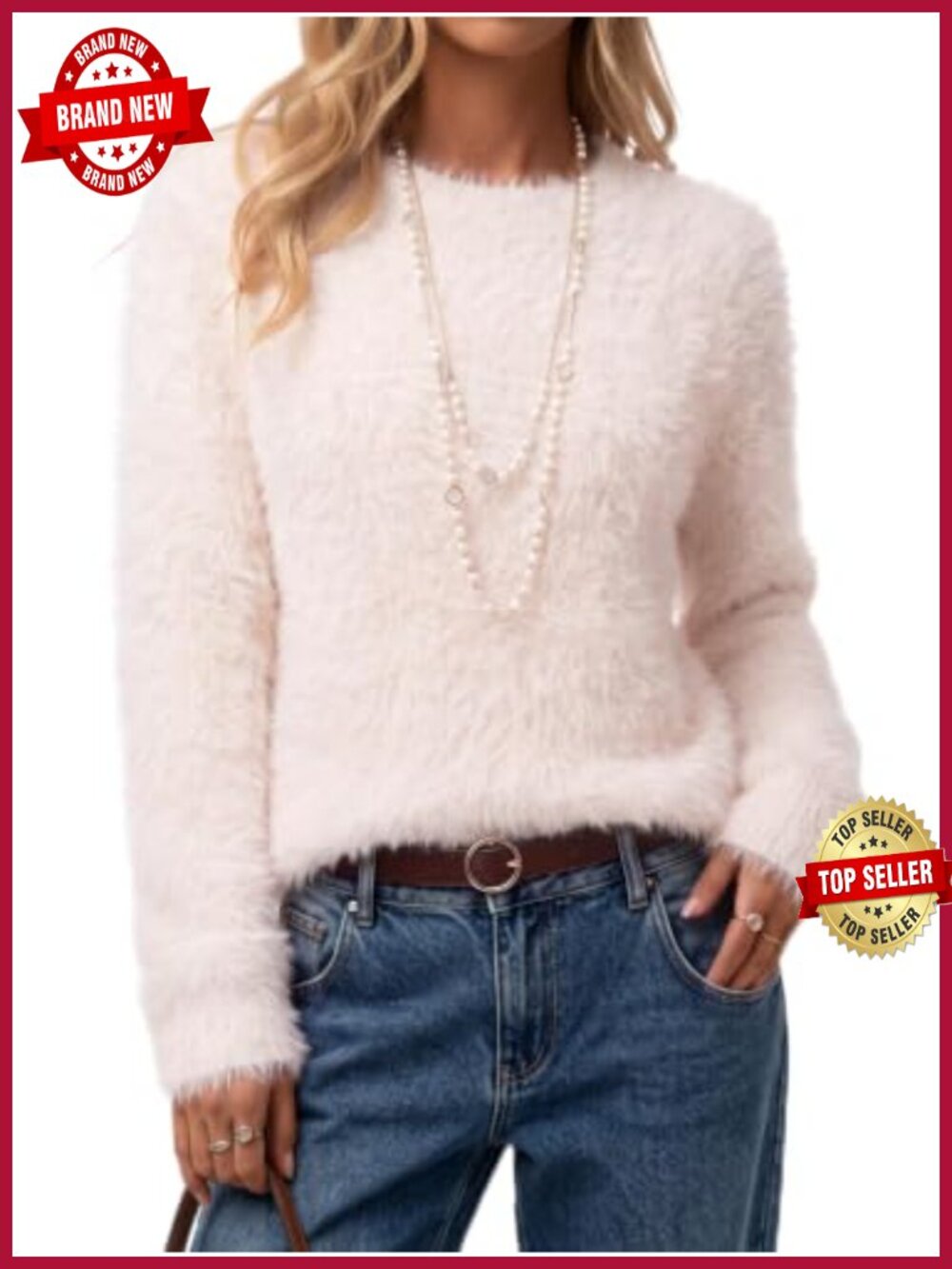 Wool Blend Faux Fur Crew Neck Pullover Sweater